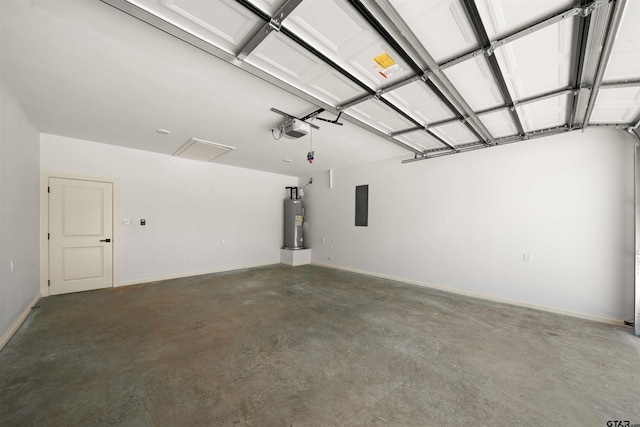 garage featuring water heater, a garage door opener, and electric panel