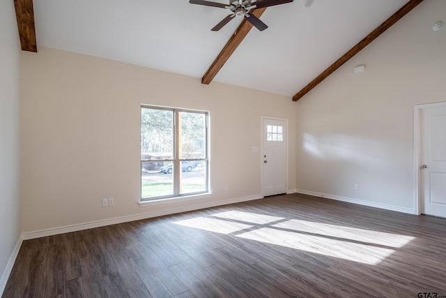 interior space with beam ceiling, dark hardwood / wood-style flooring, high vaulted ceiling, and ceiling fan