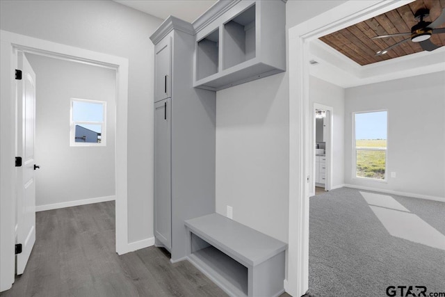 mudroom featuring hardwood / wood-style floors, ceiling fan, and wooden ceiling