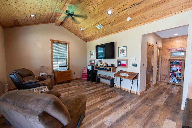 living room with wood ceiling, ceiling fan, hardwood / wood-style floors, and vaulted ceiling with beams