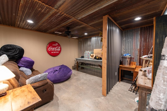 basement featuring wooden ceiling and ceiling fan