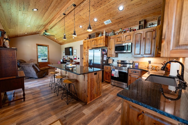 kitchen featuring sink, wood ceiling, a kitchen island, stainless steel appliances, and decorative backsplash