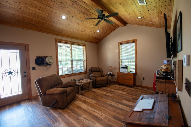 living room with dark wood-type flooring, wooden ceiling, lofted ceiling with beams, and ceiling fan