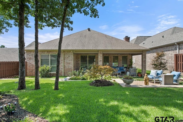 7417 Princedale, Tyler, TX 75703 - rear view of property featuring outdoor lounge area, a patio, brick siding, and a shingled roof