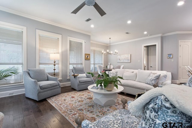 7417 Princedale, Tyler, TX 75703 - living room featuring a chandelier, dark wood-type flooring, a ceiling fan, recessed lighting, and ornamental molding