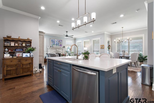 7417 Princedale, Tyler, TX 75703 - kitchen with blue cabinetry, a chandelier, dishwasher, ceiling fan, and recessed lighting