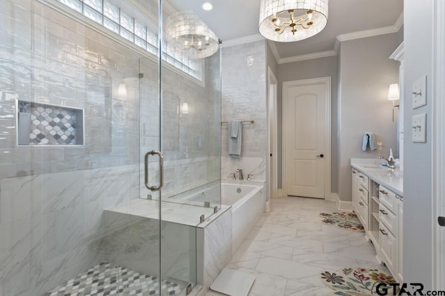 7417 Princedale, Tyler, TX 75703 - bathroom featuring a chandelier, a bath, vanity, ornamental molding, and a stall shower