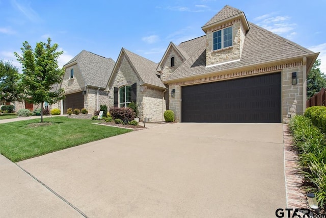 7417 Princedale, Tyler, TX 75703 - french provincial home featuring stone siding, a shingled roof, driveway, a front lawn, and an attached garage