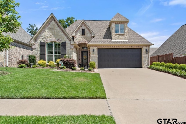 7417 Princedale, Tyler, TX 75703 - french country style house with stone siding, a shingled roof, driveway, and an attached garage