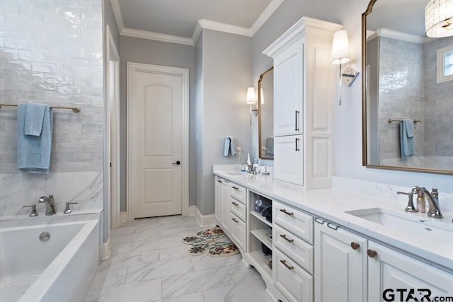 7417 Princedale, Tyler, TX 75703 - full bath featuring double vanity, a bath, marble look tiles, and crown molding