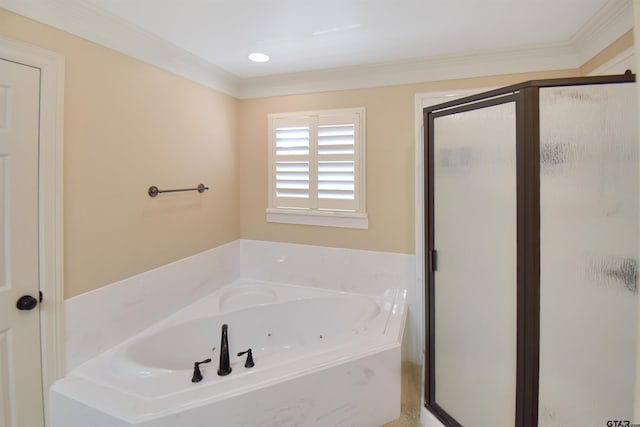 413 Maggie Cir, Flint, TX 75762 - full bath featuring a stall shower, a jetted tub, and crown molding