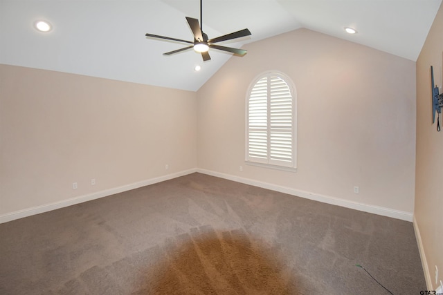 413 Maggie Cir, Flint, TX 75762 - spare room featuring ceiling fan, vaulted ceiling, dark carpet, and recessed lighting