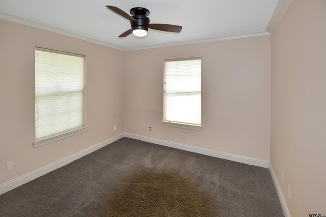 413 Maggie Cir, Flint, TX 75762 - empty room featuring dark colored carpet, ornamental molding, and ceiling fan