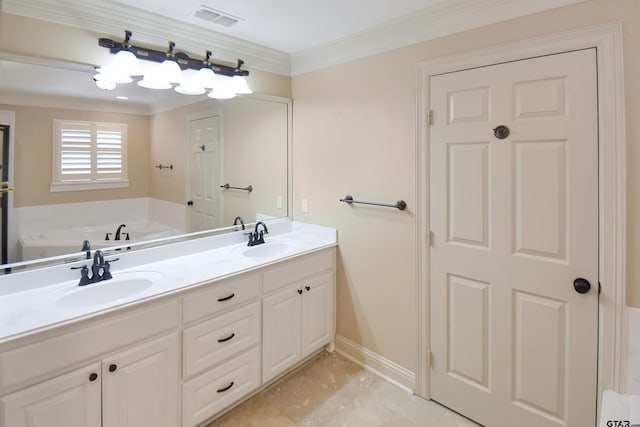 413 Maggie Cir, Flint, TX 75762 - full bathroom with double vanity, ornamental molding, and a tub