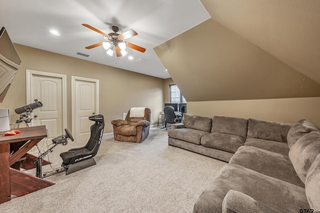 living room with carpet floors and ceiling fan