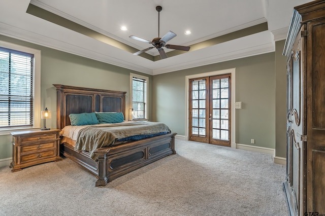 bedroom featuring multiple windows, light carpet, and a tray ceiling