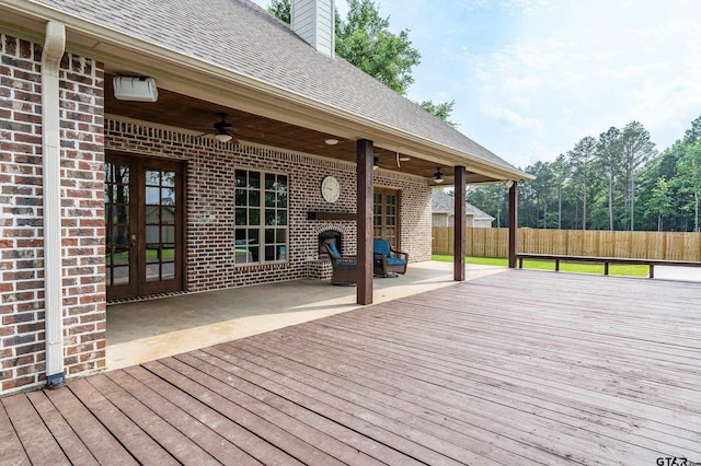 12105 Jazmin Cir, Flint, TX 75762 - wooden terrace with ceiling fan, french doors, fence, and a patio
