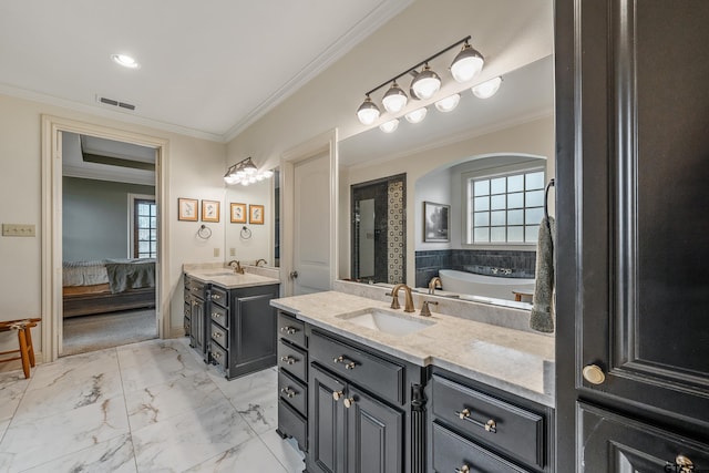 bathroom with vanity, a bath, and ornamental molding