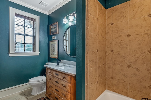 bathroom with ornamental molding, vanity, tile patterned floors, and toilet