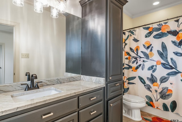 bathroom featuring a shower with curtain, crown molding, vanity, and toilet