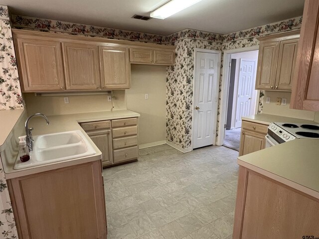 kitchen with electric stove, light brown cabinetry, and sink