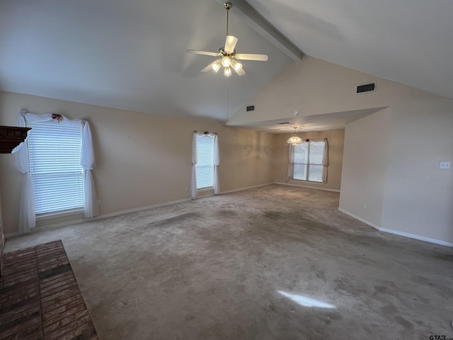 unfurnished room featuring ceiling fan, high vaulted ceiling, beamed ceiling, and carpet flooring