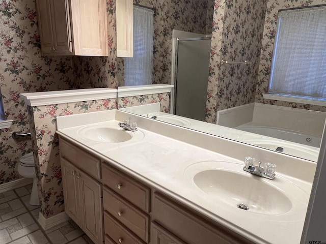 full bathroom featuring tile patterned floors, vanity, toilet, and shower with separate bathtub