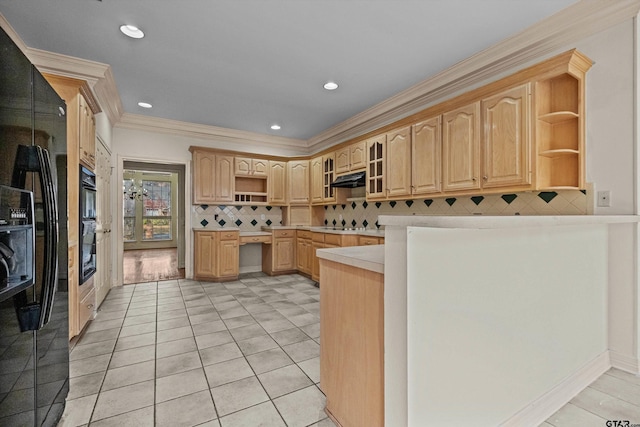 kitchen featuring backsplash, black fridge, ornamental molding, light brown cabinets, and light tile patterned floors