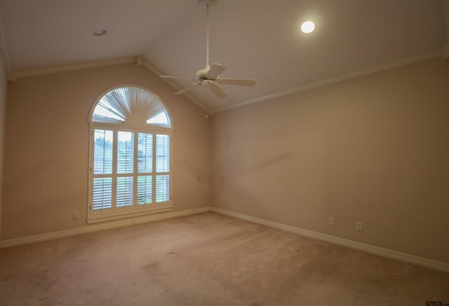 704 Paloma St, Tyler, TX 75703 - unfurnished room with ceiling fan, ornamental molding, carpet, and lofted ceiling