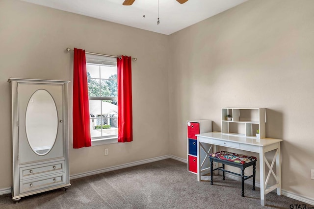 home office featuring ceiling fan and carpet floors