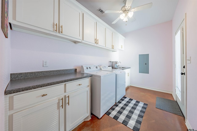 clothes washing area with cabinets, ceiling fan, sink, independent washer and dryer, and electric panel