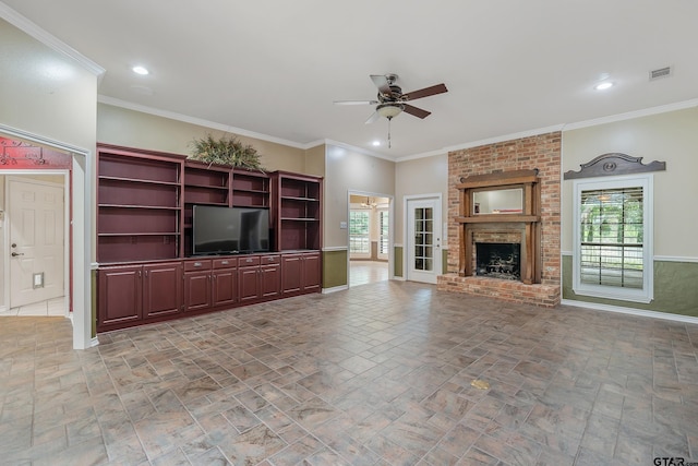 unfurnished living room featuring recessed lighting, a brick fireplace, ceiling fan, and ornamental molding