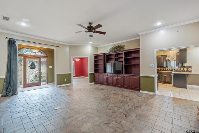 unfurnished living room with recessed lighting, visible vents, baseboards, and ceiling fan