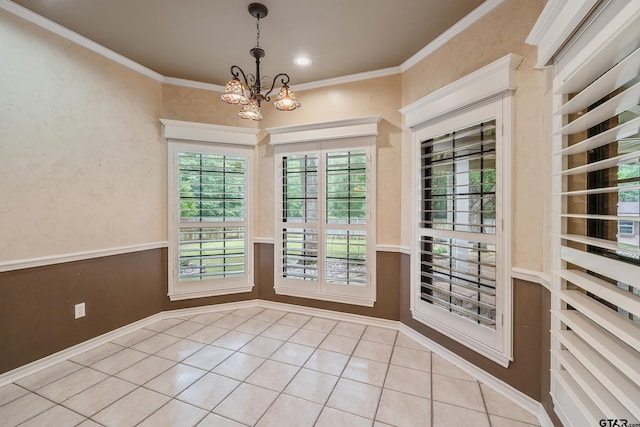 doorway to outside with an inviting chandelier, light tile patterned flooring, and crown molding