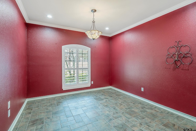 unfurnished room with a textured wall, recessed lighting, baseboards, and ornamental molding