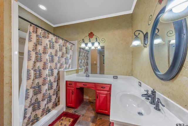 bathroom with hardwood / wood-style floors, walk in shower, vanity, and crown molding