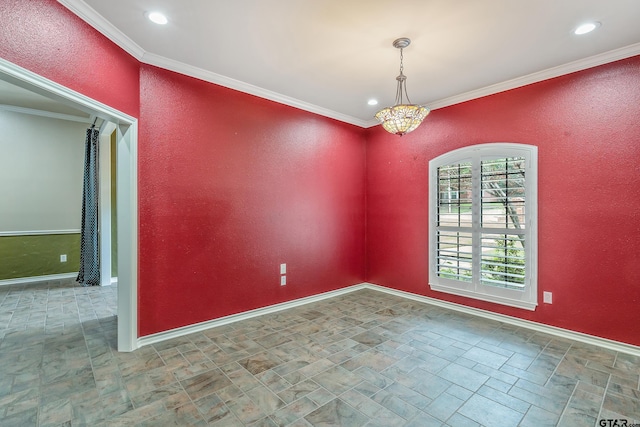 empty room featuring stone finish flooring, baseboards, crown molding, an inviting chandelier, and a textured wall