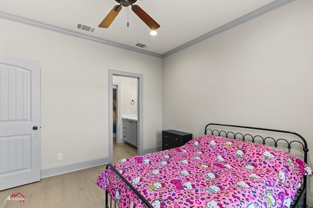 bedroom with ensuite bath, ornamental molding, light hardwood / wood-style floors, and ceiling fan