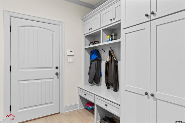 mudroom featuring crown molding and light hardwood / wood-style floors