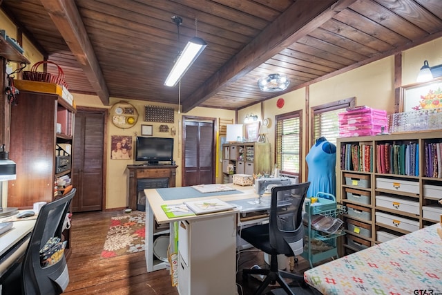 office space with dark wood-style floors, beam ceiling, and wood ceiling