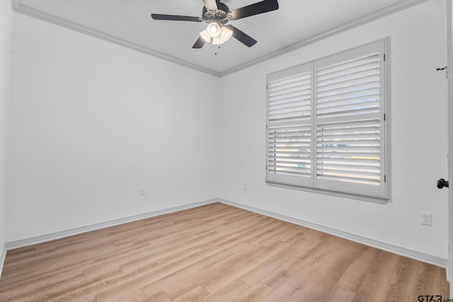 unfurnished room with crown molding, ceiling fan, and light wood-type flooring