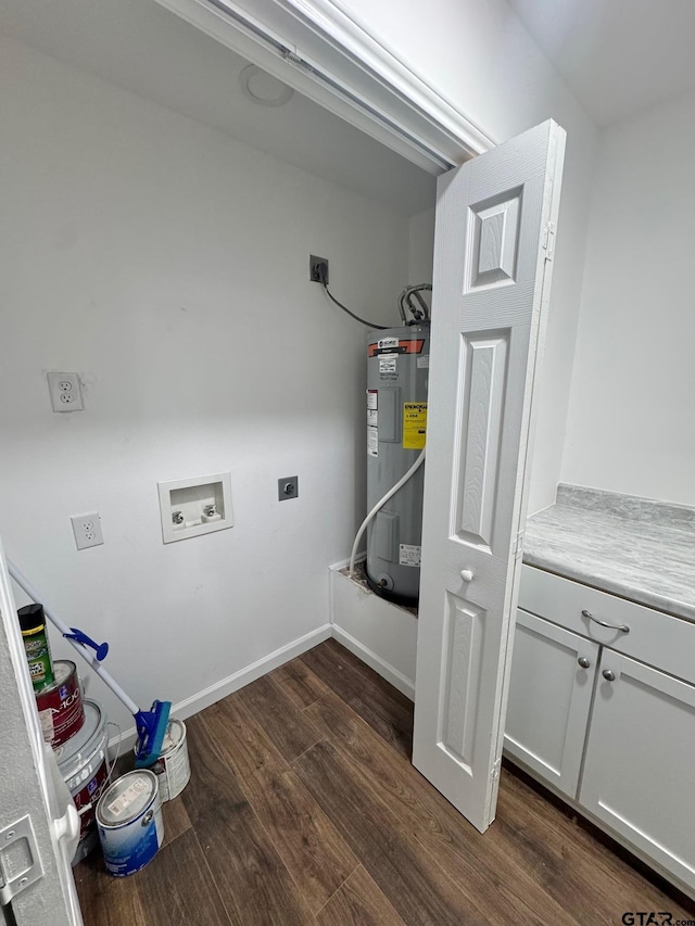 laundry room with laundry area, dark wood-style flooring, hookup for a washing machine, water heater, and electric dryer hookup