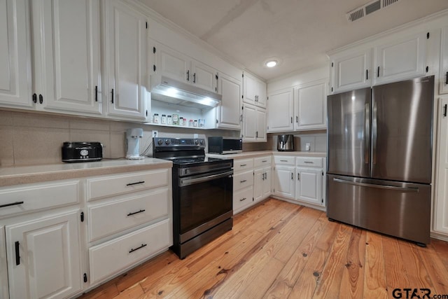 kitchen featuring white cabinetry, appliances with stainless steel finishes, backsplash, and light wood-type flooring