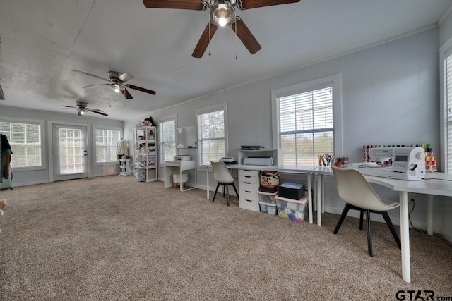 carpeted office space with ornamental molding and plenty of natural light