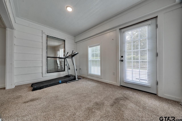 exercise area featuring carpet flooring and crown molding