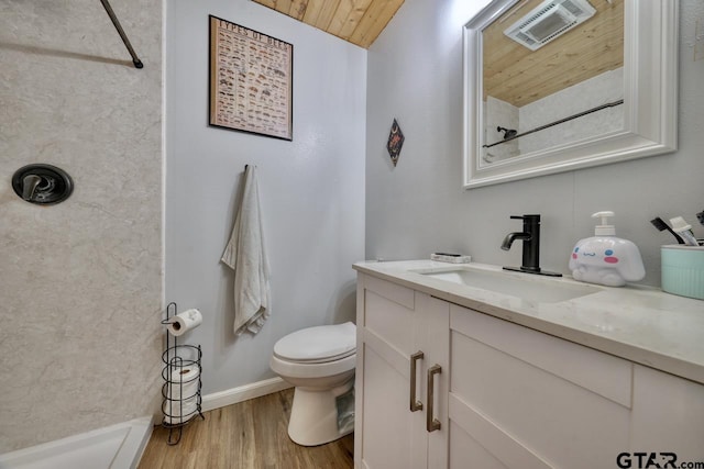 bathroom with wooden ceiling, wood-type flooring, vanity, and toilet