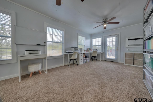 office area with ornamental molding, carpet flooring, and ceiling fan