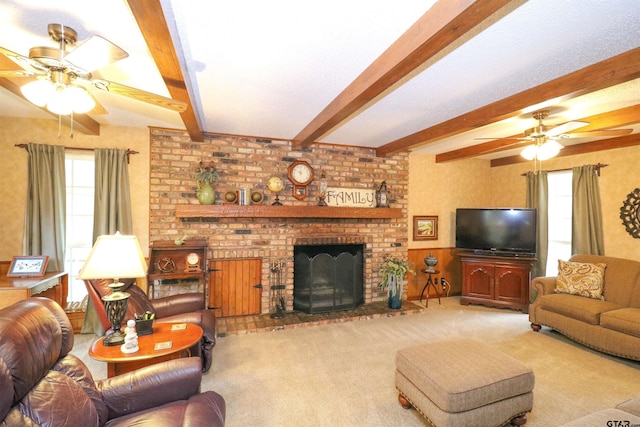 carpeted living room with ceiling fan, plenty of natural light, beam ceiling, and a brick fireplace