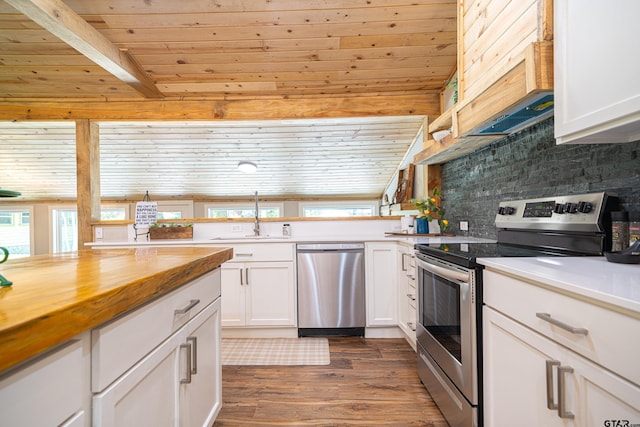 kitchen with sink, appliances with stainless steel finishes, white cabinetry, backsplash, and dark hardwood / wood-style floors