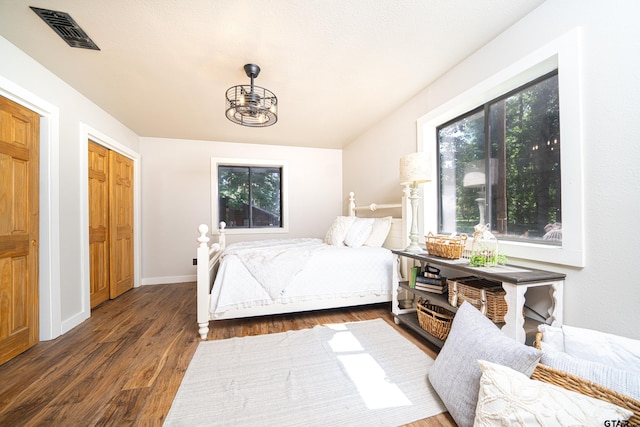 bedroom with multiple windows and dark wood-type flooring